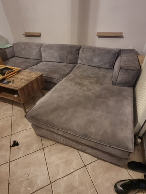 Μεγάλος γωνιακός καναπές γκρι nubuck velour με ανάκλινδρο
