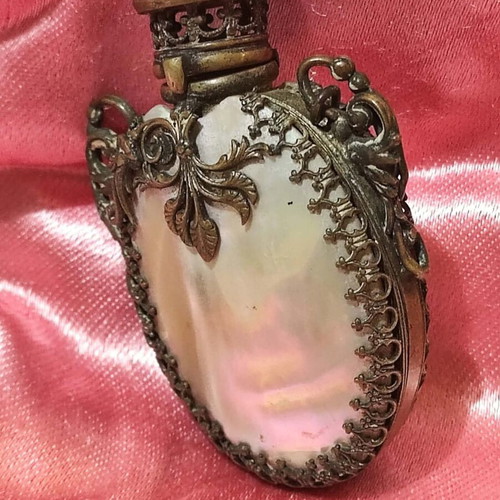 French antique perfume bottle used, mother of pearl with gilded bronze