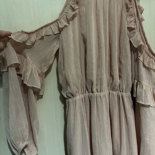 Blouse with unique cut new in pink nude with silver shine