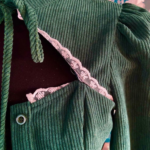Shein green velvet corduroy cottagecore blouse new XS