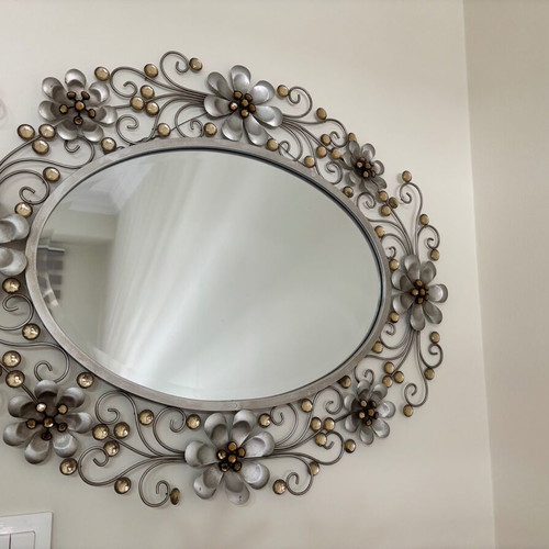 Decorative wall mirror and clock with handmade metal design, like new