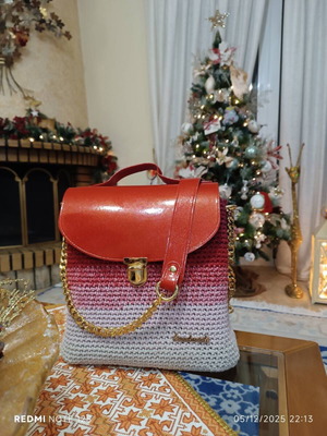 Handmade knitted shoulder bag new, red and gray