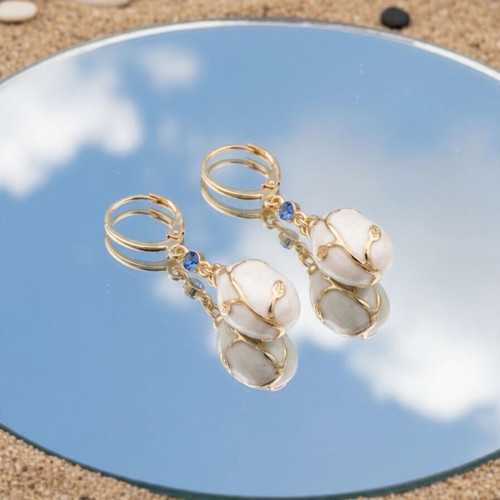 Designer Gold Drop Earrings with Pearl Effect and Blue Crystal, New