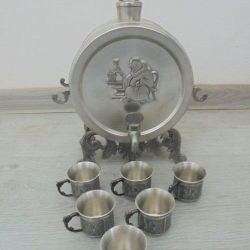 Swedish pewter decanter set with 6 small metal cups, TENN BOLLNÄS