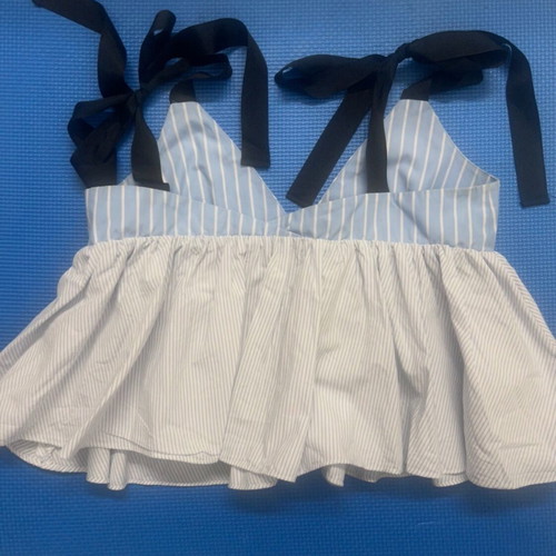Y2K Blue Striped Peplum Babydoll Top with Black Ribbon Ties Zara size S like new