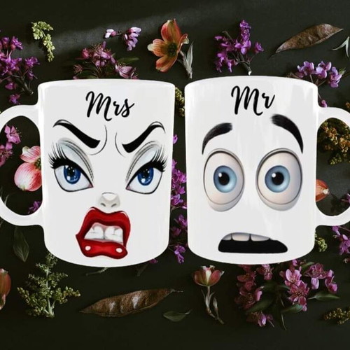 Mrs & Mr ceramic white mugs set 325 ml new