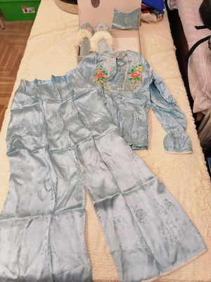 Vintage silk pajama set Chinese style with matching slippers in box, like new