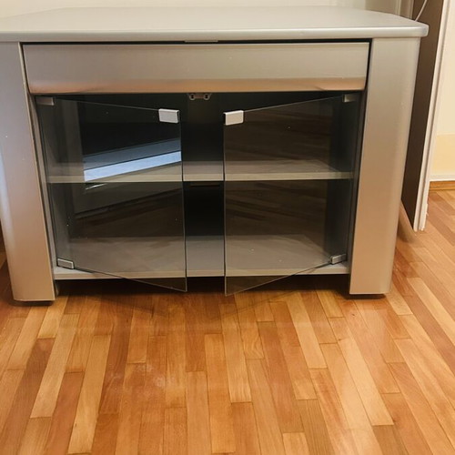 TV stand with glass sliding doors, grey