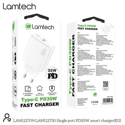 Lamtech Wireless Charger with USB-C Port 30W Power Delivery White New