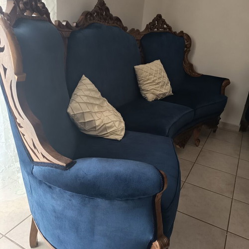 Handmade Victorian-style living room set, six pieces, blue velvet