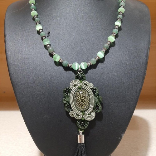 Necklace with cat's eye and aventurine in 925 silver, very long, new