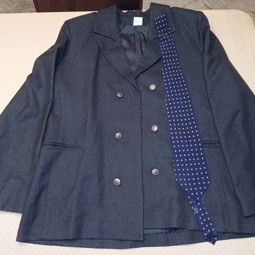 Suit set used with blazer, trousers and tie gray-blue