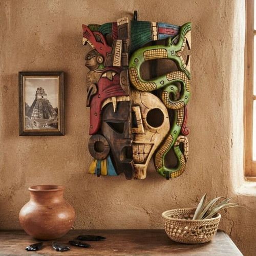Wooden mask used, rare Maya design, 40 cm height