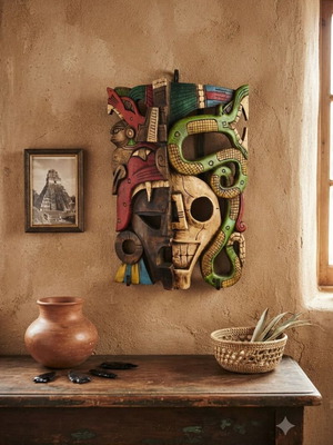 Wooden mask used, rare Maya design, 40 cm height
