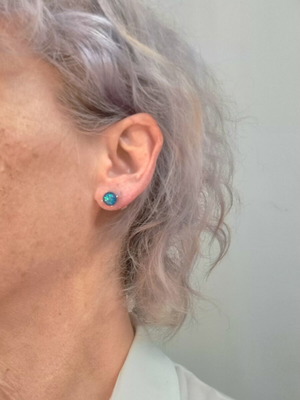 Stud Earrings with Synthetic Blue Opal like new, silver tone