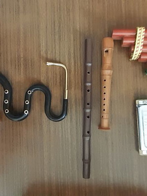 Set of miniature musical instruments like new, wood and metal, 48 pcs