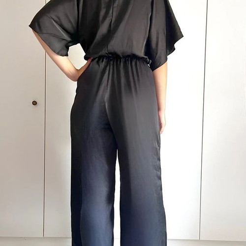 Black satin summer short-sleeve jumpsuit Deppy Joo, size S-M