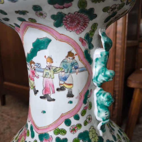 Pair of large Chinese porcelain vases with wooden stands, 1970s