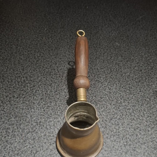 Brass cezve with wooden handle used, vintage Greek coffee pot