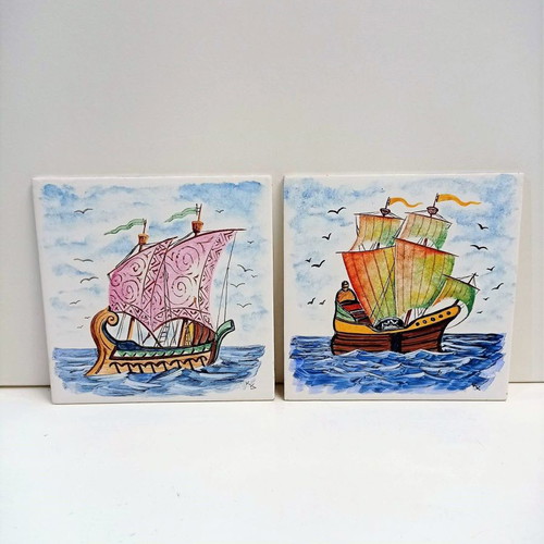 Villeroy and Boch set of eight ceramic tiles from the 1960s like new with sailing ship paintings