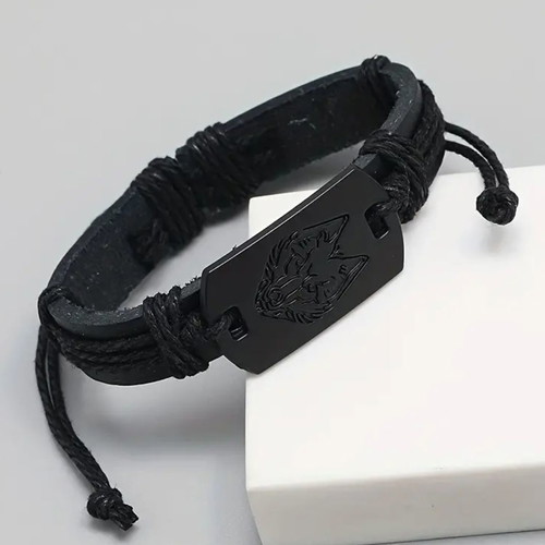 Wolf Head Leather Bracelet modern new black