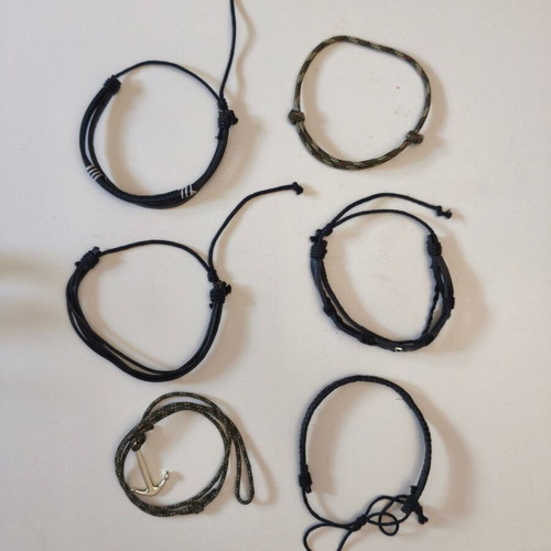 Set of 6 men's adjustable leather and cord bracelets, black and khaki