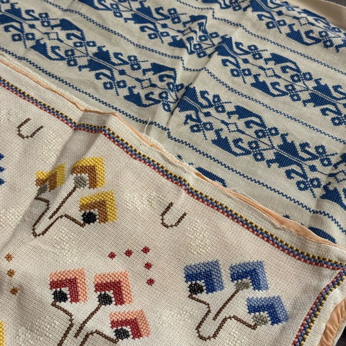 Handmade table runners with colorful and blue-white designs