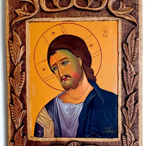 Byzantine icon of Christ hand-painted on wood with carved frame new 40×28.5 cm