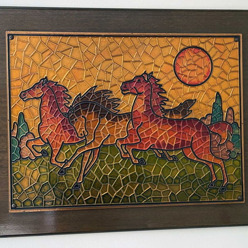 Handmade embossed chalcography painting on wood vintage 1980s like new