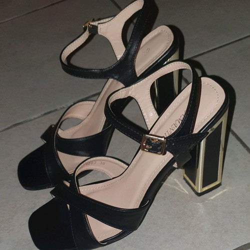 Diamantique sandals like new, black with gold detail, 10 cm heel size 38