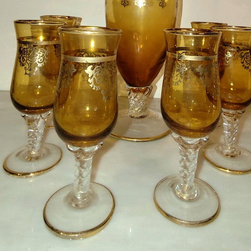 Liqueur set used, decanter with stopper and 6 glasses, antique 1930