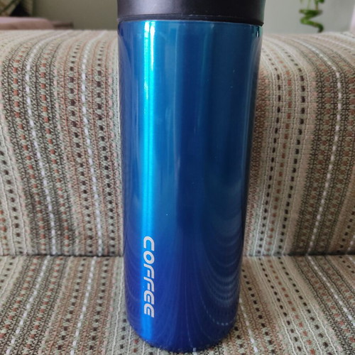 Coffee thermos container used, blue metallic, 500 ml