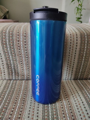 Coffee thermos container used, blue metallic, 500 ml