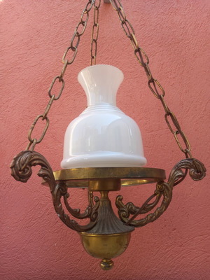 Brass ceiling light with opaline glass used, E14 socket