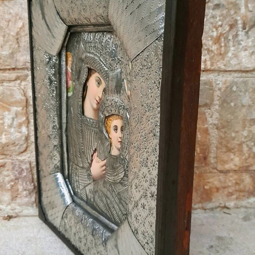 Virgin Mary with Christ Child religious icon with embossed metal riza, early 20th century