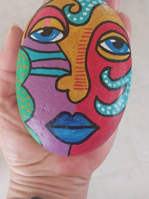 Painted stone with African mask and acrylic colors new
