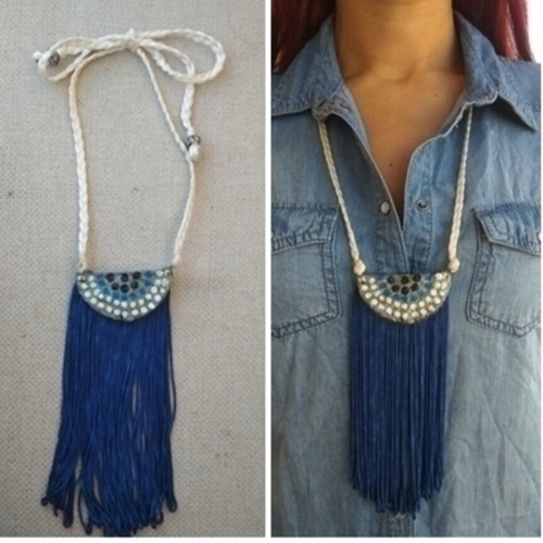 Long necklace with fringes handmade made to order, gray and blue