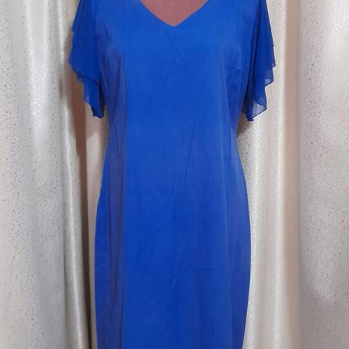 Blue dress with flutter sleeves and V-neck