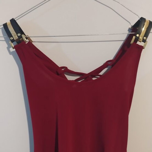 Red top with leather straps and lace-up back, one size