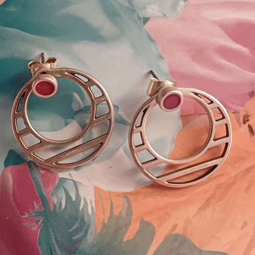 Silver plated earrings with burgundy stone like new, titanium clasp