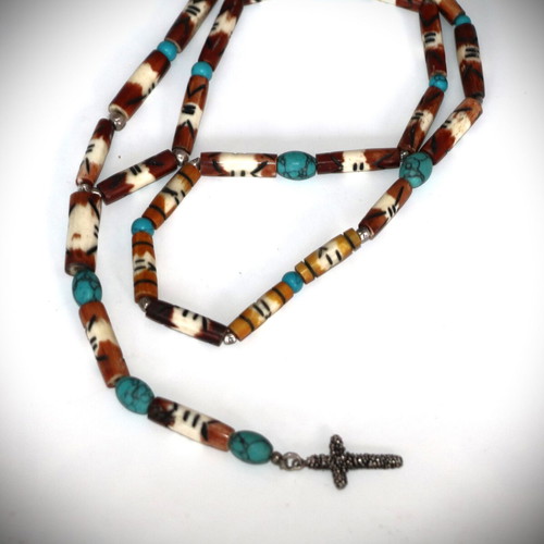 Rosary necklace new with carved bones, semi-precious stones and 925 silver cross
