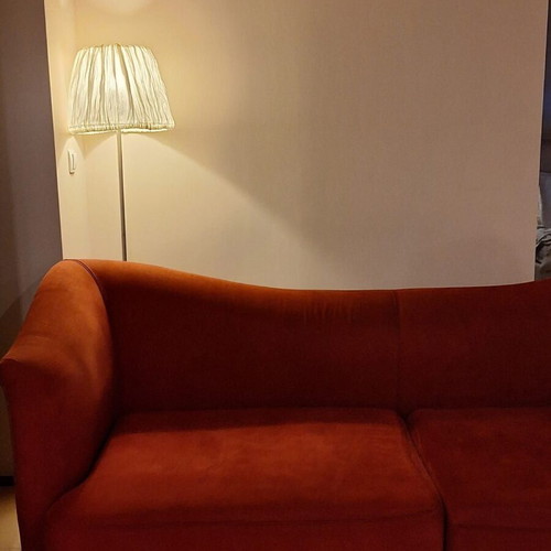 Three-Seater Sofa handmade with Beech Wood Frame, used, Bordeaux Alcantara Fabric