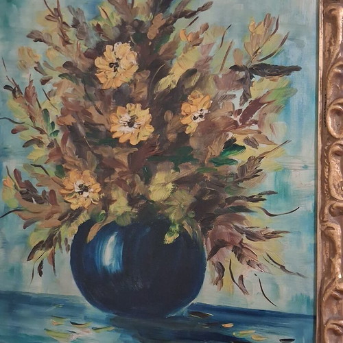 Theodor Butz oil painting floral still life with blue vase, framed