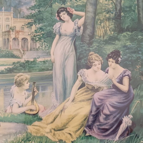 Vintage offset lithograph print of romantic scene, 85×41cm