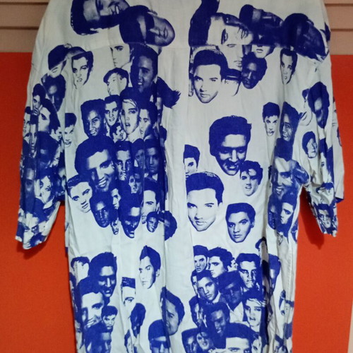 Mossimo Elvis Vintage Shirt New, Rayon, White and Blue, Size L