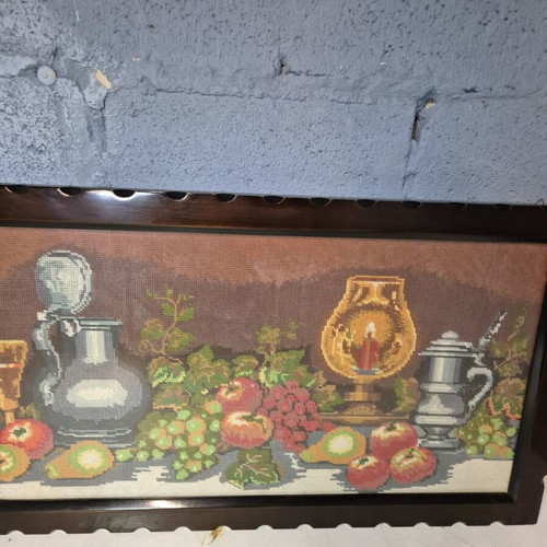 Textile embroidery artwork in frame like new with wooden mount