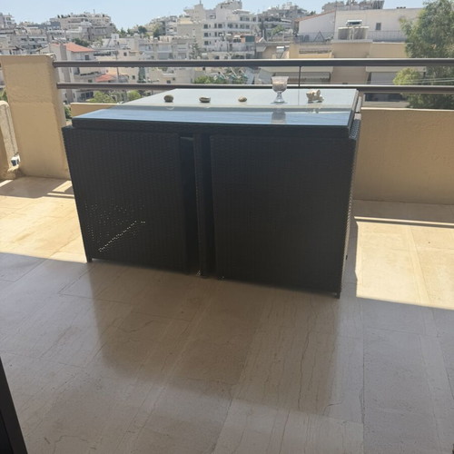 Veranda or garden table with 4 bamboo chairs and glass top
