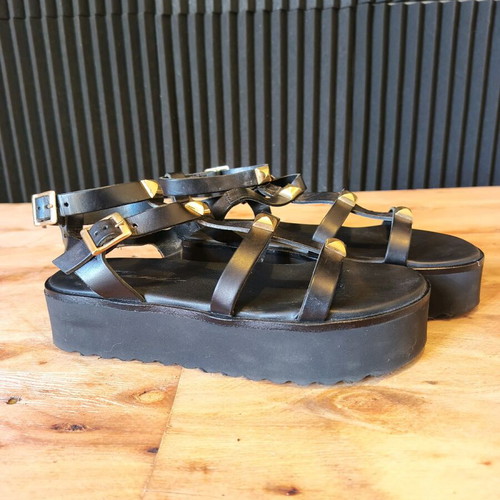 Sante leather platform sandals used, black with gold details, size 38