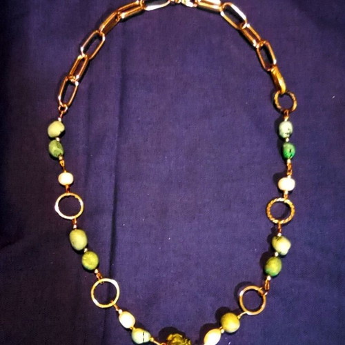 Necklace with natural turquoise and freshwater pearls, gold-plated stainless steel, 52 cm