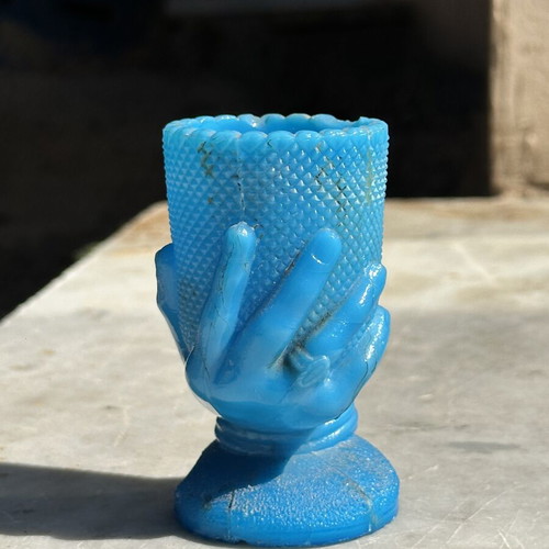 Vintage Blue Opaline Hand-Shaped Glass Used Decoration